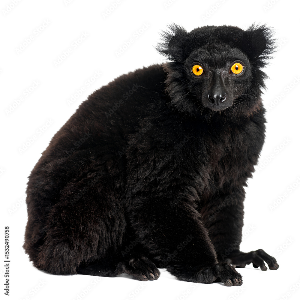 Fototapeta premium Captivating portrait of a black lemur with piercing yellow eyes, isolated on transparent background