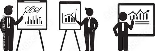 Business Presentation Icons. Analytics, Graphs, and Report Figures Silhouettes.
