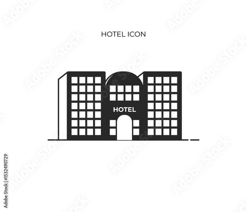 This icon depicts a multi-story building, likely a hotel, with "HOTEL" displayed on the front. It features a central domed section flanked by two rectangular wings, all with grid-like windows.