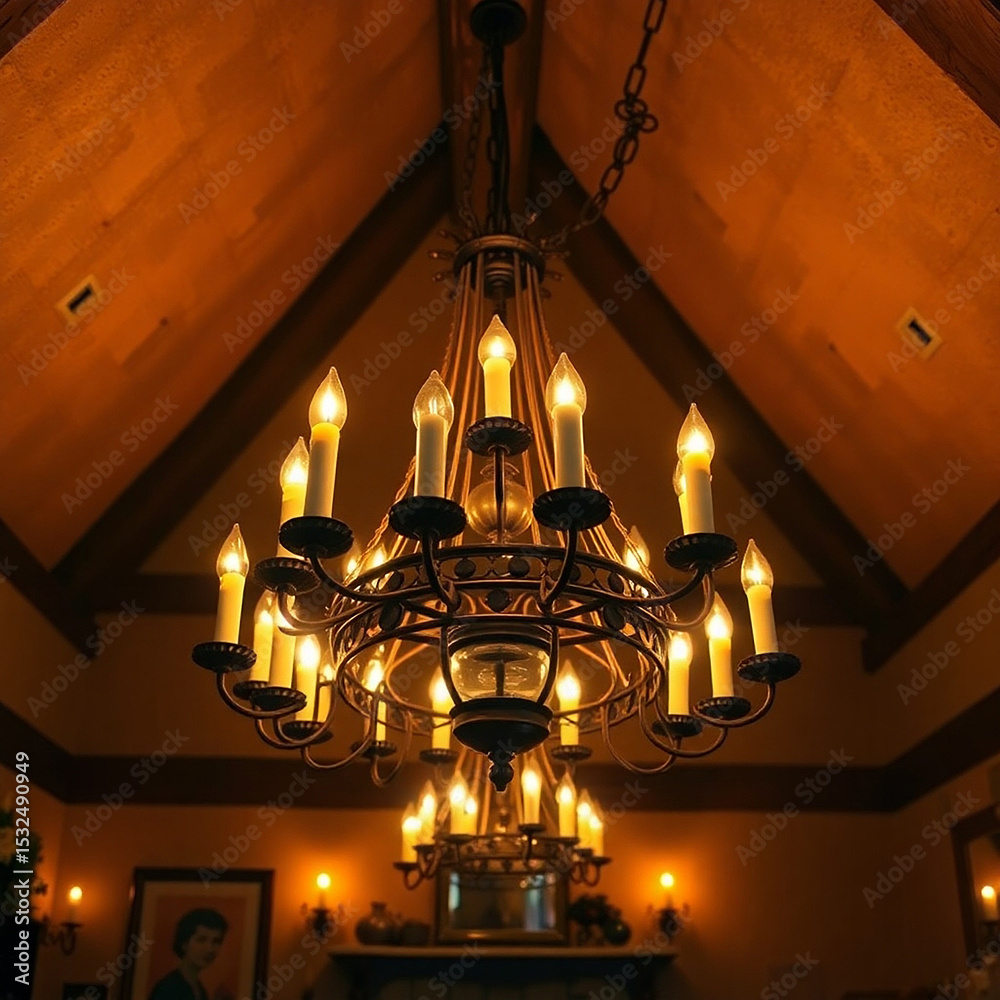 Fototapeta premium Warmly Lit Rustic Room with Candle Chandelier