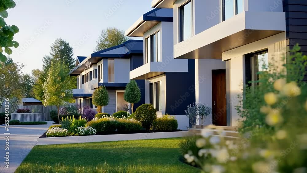 sunset blank sign in front customized a blurred suburban house, bathed in warm Wooden light, offering space of for property details