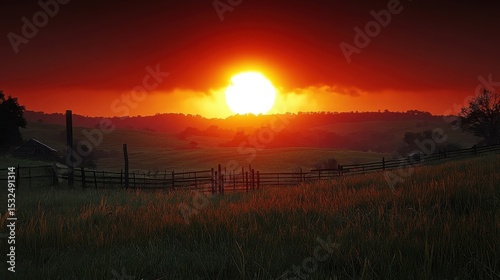 Vivid Sunset Over Grassy Field With Wooden Fence Silhouette Landscape