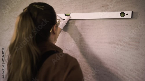 Woman in overalls measures wall with spirit level makes home renovation diy