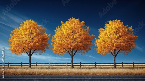 Three Golden Trees In A Row On a Clear Blue Sky Background