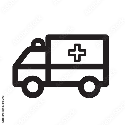 Simple black and white illustration of an ambulance with a medical cross.