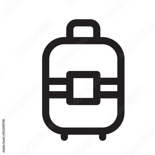 Simple black and white illustration of a travel suitcase with wheels.