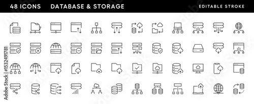 Database icon collection. Storage icon set. Storage, cloud, computing, web server, hosting, data center and more. Editable stroke. Pixel Perfect. Grid base 32 x 32.