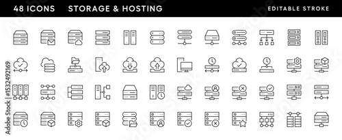 Storage icon collection. Hosting icon set. Storage, cloud, computing, web server, hosting, data center, information and more. Editable stroke. Pixel Perfect. Grid base 32 x 32.