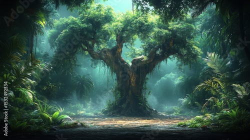 Digital Render Tree in Mystical Forest with Pixelation Defects and Artifacts