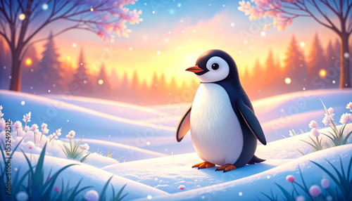 the image presents a whimsical scene featuring a cartoon penguin standing in a snowy landscape. the penguin has a classic black and white coloration with orange feet and beak, standing upright