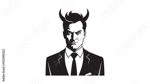business man with horns, person in suit and horns staring black and white shape
