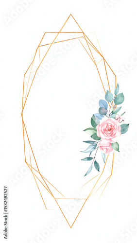 the image shows an abstract golden frame with geometric shapes, giving it an irregular, multifaceted appearance. the frame is placed on a solid white background