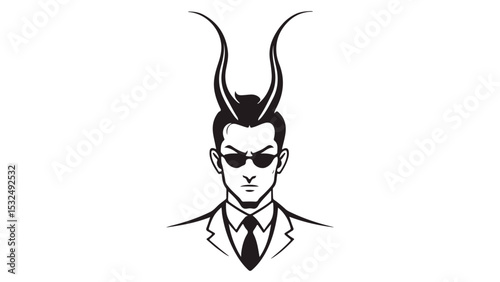 angry serious person in suit and with horns scary, scary businessman with horns in suit and black glasses simple shape