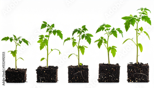 against a bright background, five individual plants are showcased in a row. each plant is potted in a square block of dark soil, and the plants increase in size from left to right
