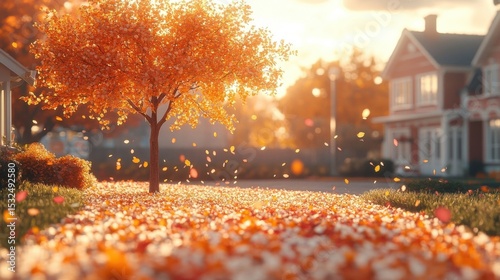 Autumn Tree with Golden Leaves Falling on Residential Street Background