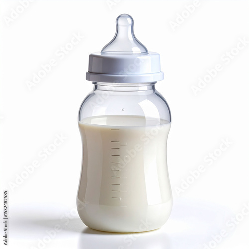 the image features a clear, curved container with white liquid inside, standing upright against a bright white background