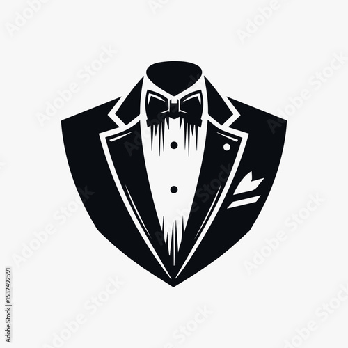 Stylish black and white tuxedo illustration with a classic bow tie and pleated shirt front. Formal wear concept