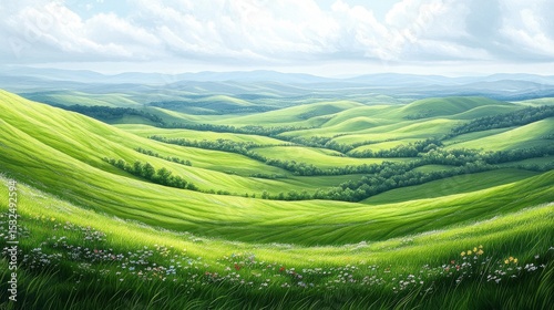 Lush Green Rolling Hills Landscape with Blue Sky Background During Daytime