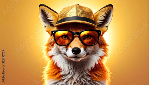 an anthropomorphic fox character wearing glasses, a yellow tie, and a cap, with its head against a sunlit background