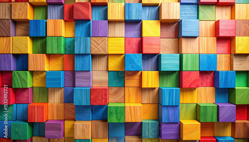 an abstract wall art consisting of a pattern made up of variously colored block like shapes, which creates an illusion of depth and movement.