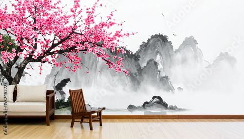 a serene indoor setting featuring a wall with a mural depicting an east asian style tree with cherry blossoms surrounded by misty mountains under a blue sky