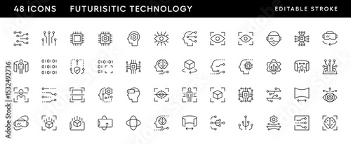 Futuristic technology icon set. Information technology, automated system, robotic, electronic, chipset, simulation, microchip and more. Editable stroke. Pixel Perfect. Grid base 32 x 32.