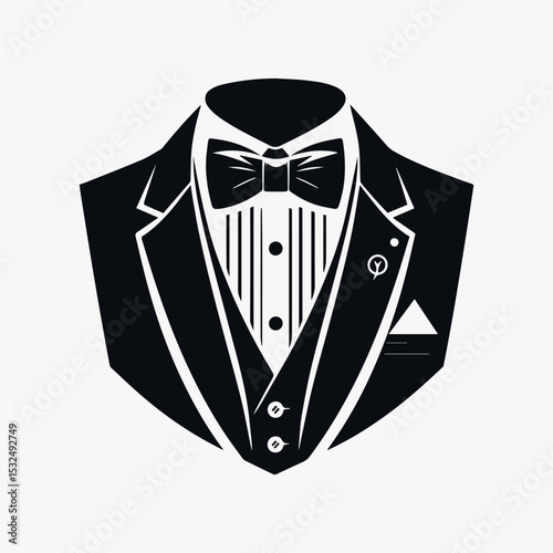 Stylish black and white tuxedo illustration with a classic bow tie and pleated shirt front. Formal wear concept