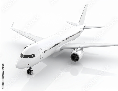 the image features a large white flying machine set against a bright white background. its sleek body includes a cockpit with a series of windows and long wings with attached engines