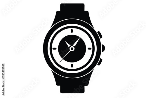 Black Silhouette of Stylish Modern Wristwatch with White Dial and Time Displayed
