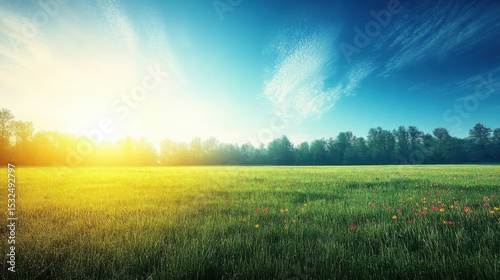 Sunlit Meadow Landscape with Grass Field and Bright Blue Sky Background