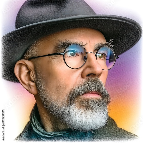 Close-Up of a Man with a Beard and Glasses in a Hat
