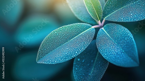 Detailed Macro Shot of Green Leaves with Water Droplets Background