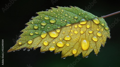 Water Droplets on a Green and Yellow Leaf Macro Photography