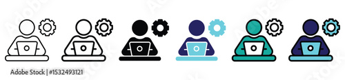 IT Support and System Administrator Icon Set – User with Laptop and Gear Symbol