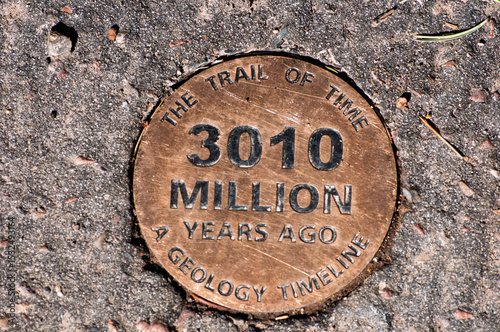 Trail of Time Geology Timeline Grand Canyon National Park shows a point 3010 million years ago  to help understand the scale of Earth's history representing geological time as a walk