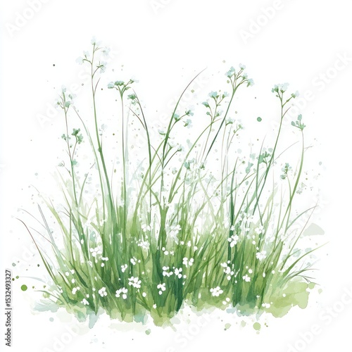 Fototapeta Naklejka Na Ścianę i Meble -  Watercolor painting of grass and small white flowers against a white background