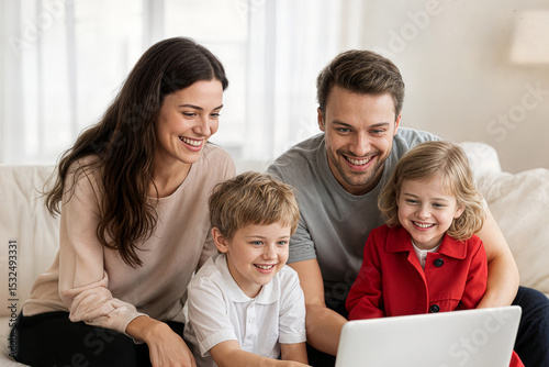 joyful family using a computer sitting on sofa in the living room concept alegre familia utilizando un ordenador sentado en el sofá en el concepto de sala de estar famille joyeuse utilisant ordinateur