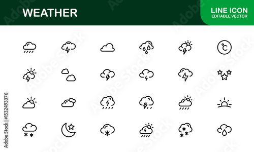 Premium weather icons collection including minimal line art for sun, cloud, rain, snow, and storm concepts