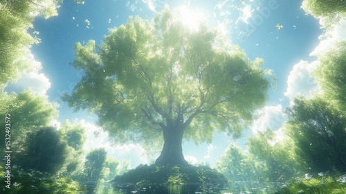 Green Tree Under Blue Sky With Sunlight Streaming Through Branches Illustration