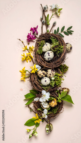 the image shows a vertical arrangement of three small, twiggy nests, each filled with moss and speckled eggs. various small, colorful flowers and greenery are arranged around and between the nests