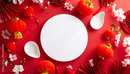 a vibrant and festive setting with red lanterns in the foreground, chinese tea cups and saucers scattered around, white chinese characters 