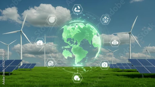 Clean energy wind turbines, solar panels, globe with digital icons on grassy field under a cloudy sky