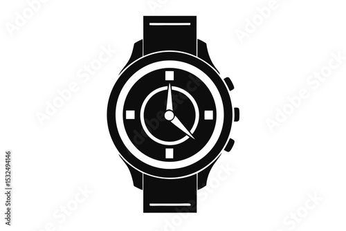 Monochrome Illustration of an Analog Wristwatch with Multiple Features and a Thick Band
