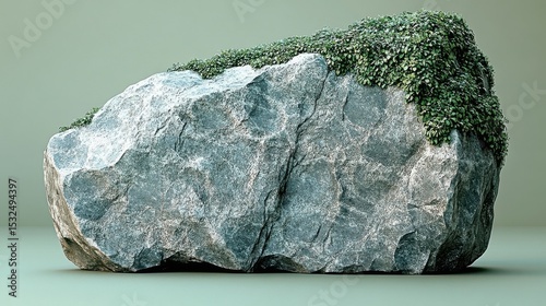 Large Grey Rock Covered in Green Moss on Green Background