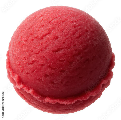 Close-up of a single scoop of bright red raspberry sorbet showcasing its smooth texture.