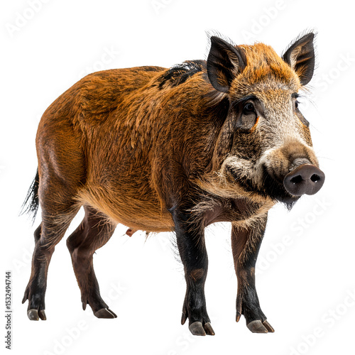 Majestic wild boar portrait showcasing its rugged features, standing tall on transparent background