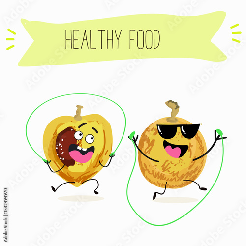 marula fruit cute funny cheerful characters. Vector hand drawn  illistration.