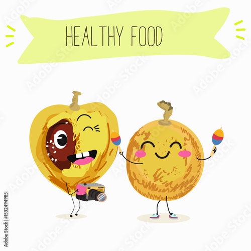 marula fruit cute funny cheerful characters. Vector hand drawn  illistration.