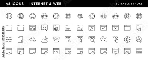 Internet and web icon collection. Network icon set. Globe, website, connection, browser, internet access, networking and more. Editable stroke. Pixel Perfect. Grid base 32 x 32.