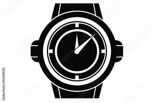 Black and White Graphic Illustration Wristwatch with Hands Indicating Time and Strap Detail